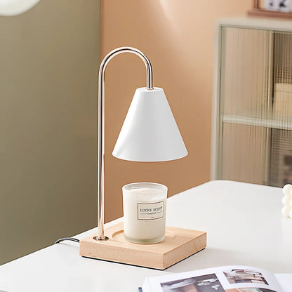 Wooden aromatherapy wax melting lamp with dimmable lighting and iron art metalwork