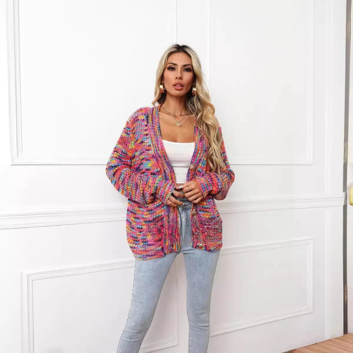 Rose red rainbow mixed colour festival dyed short cardigan knitted coat with loose fit and regular sleeves