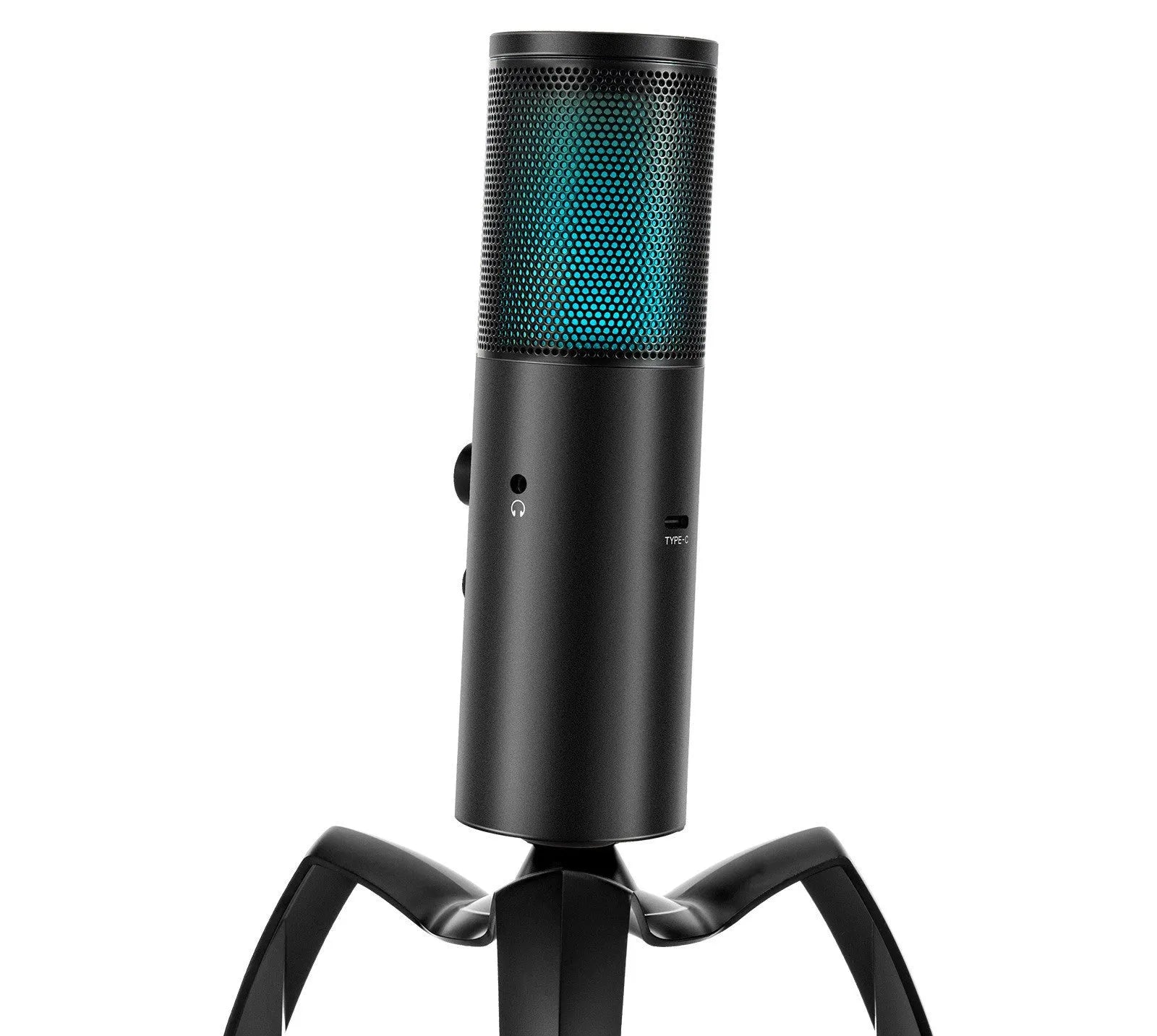 Black Q18 condenser microphone with RGB lighting on adjustable metal tripod for home recording