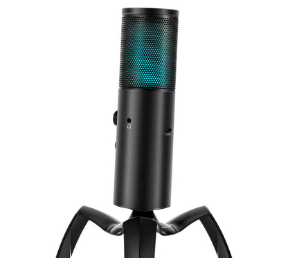Black Q18 condenser microphone with RGB lighting on adjustable metal tripod for home recording