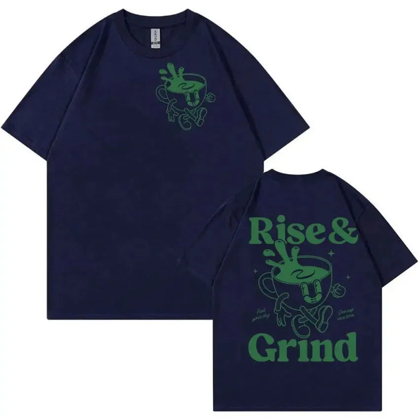 Man wearing a loose linen t-shirt with a printed Rise And Grind Green Coffee cartoon illustration.