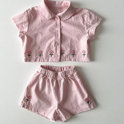 Children's floral shorts set in pink with short sleeves and matching shorts