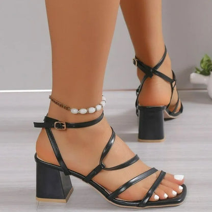 Plus size women's square toe slippers with an ankle buckle in rose red, black, and beige colour options.
