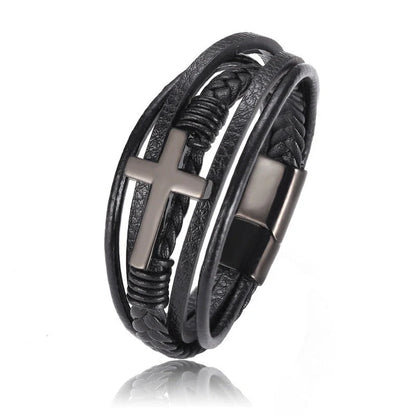 Men's braided stainless steel cross bracelet with elegant design, perfect for any occasion.