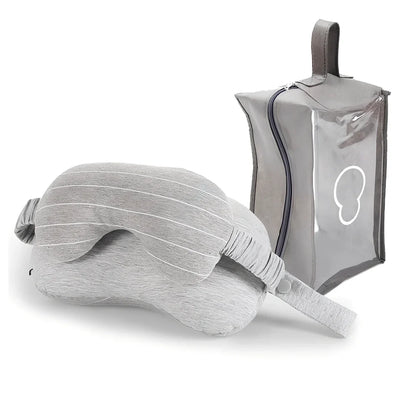 Dark grey two-in-one pillow showing neck support position and eye mask function with 24cm length measurement