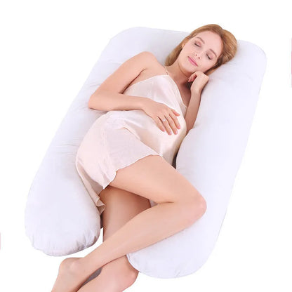 Large U-shaped pregnancy support pillow with removable cover and abdominal support belt.