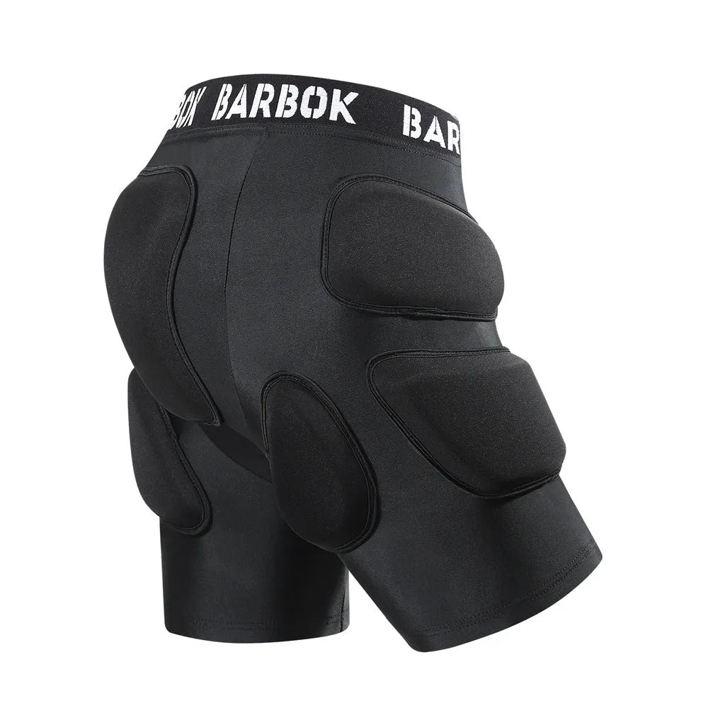 Black roller skating hip pad pants with NBR foam protection panels for skateboarding