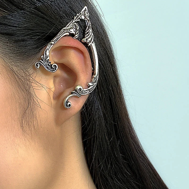 Dark Elf Ear Clip No Piercing Earrings in silver color, perfect for gothic and fairy tale aesthetics