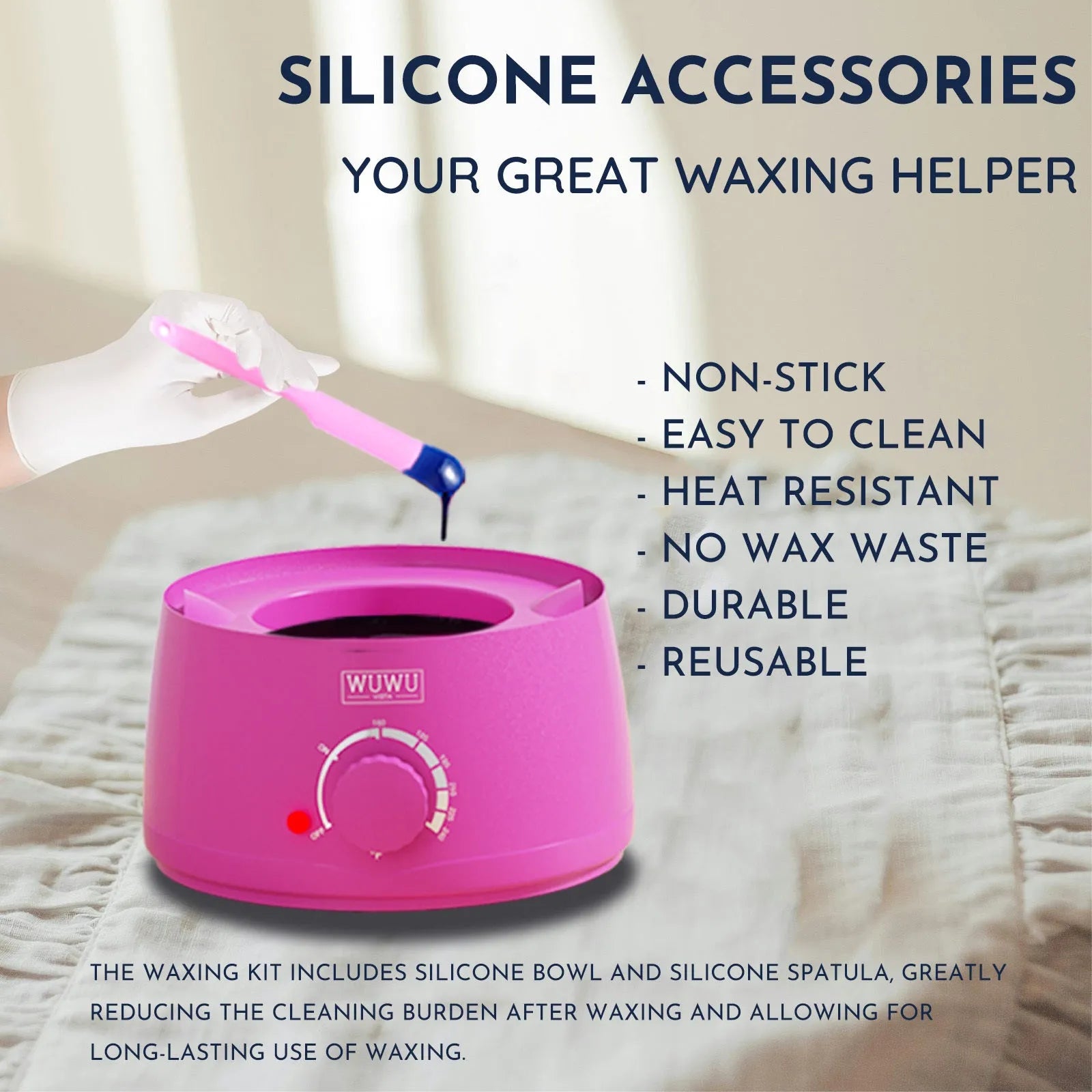 WUWUVISTA waxing kit with black wax warmer, six coloured wax bead packs, silicone tools, and aftercare products on a table