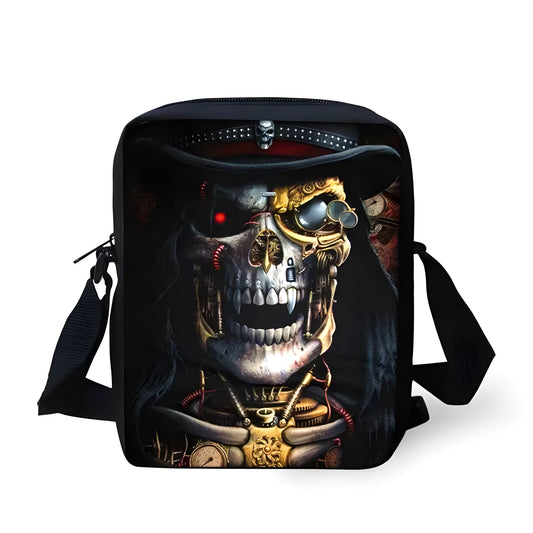 Blue skull print children's messenger bag with two black adjustable shoulder straps, shown open.