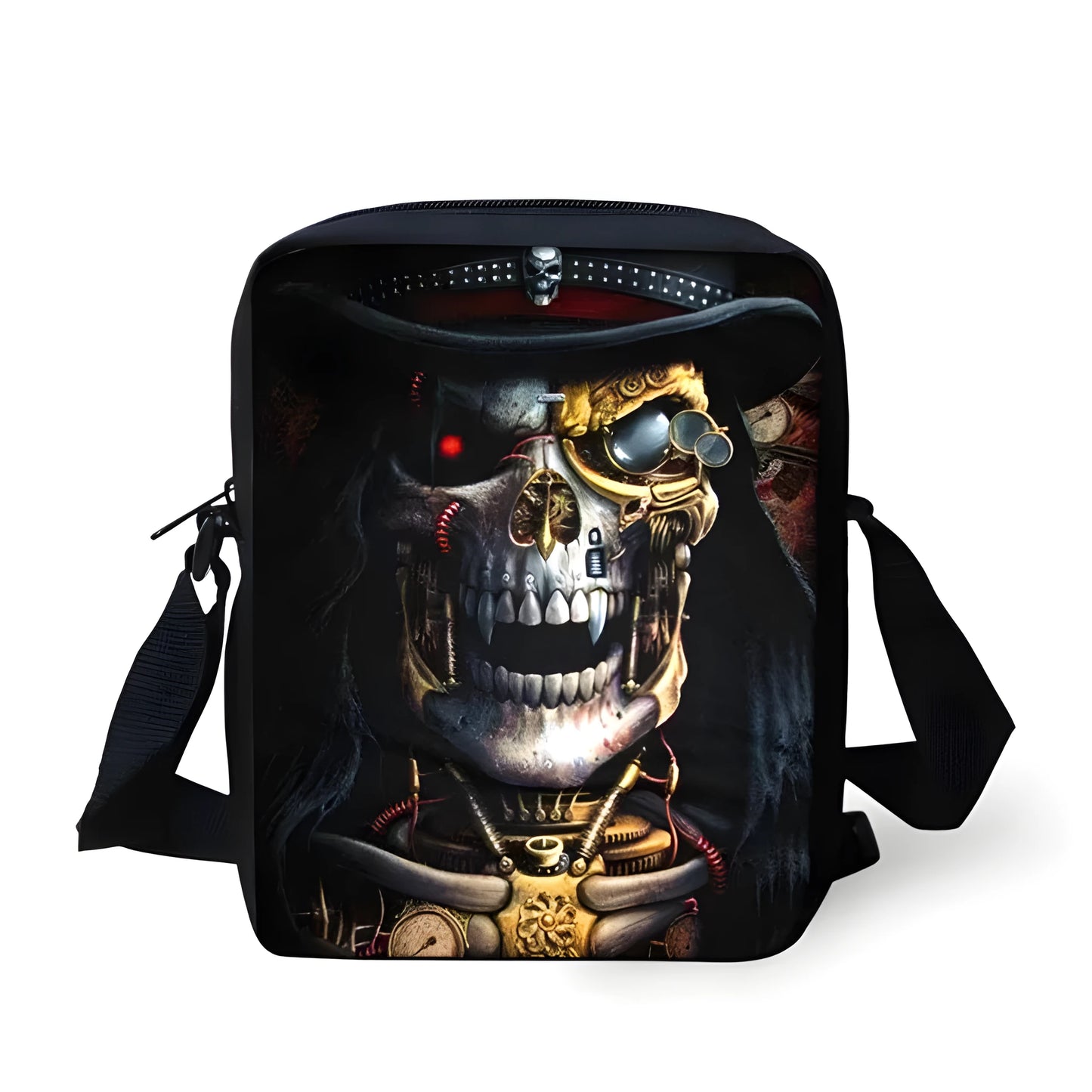 Children's skull print messenger bag with double adjustable straps, shown in a medium size with a zipper pocket.