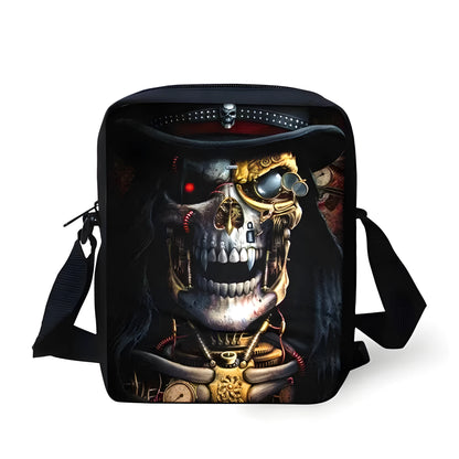 Skull-themed medium messenger bag for children with double shoulder straps and a top soft handle.
