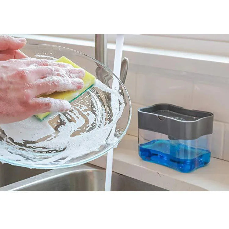 Grey plastic kitchen soap dispenser with pump mechanism on countertop