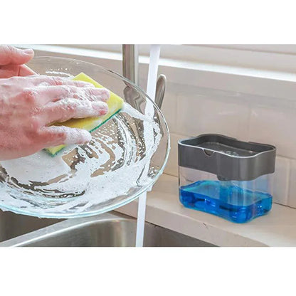 Grey plastic kitchen soap dispenser with pump mechanism on countertop