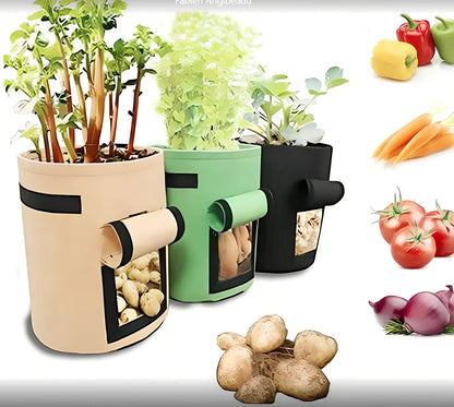 Black plant growth bag with side harvesting window and double handles for potato gardening