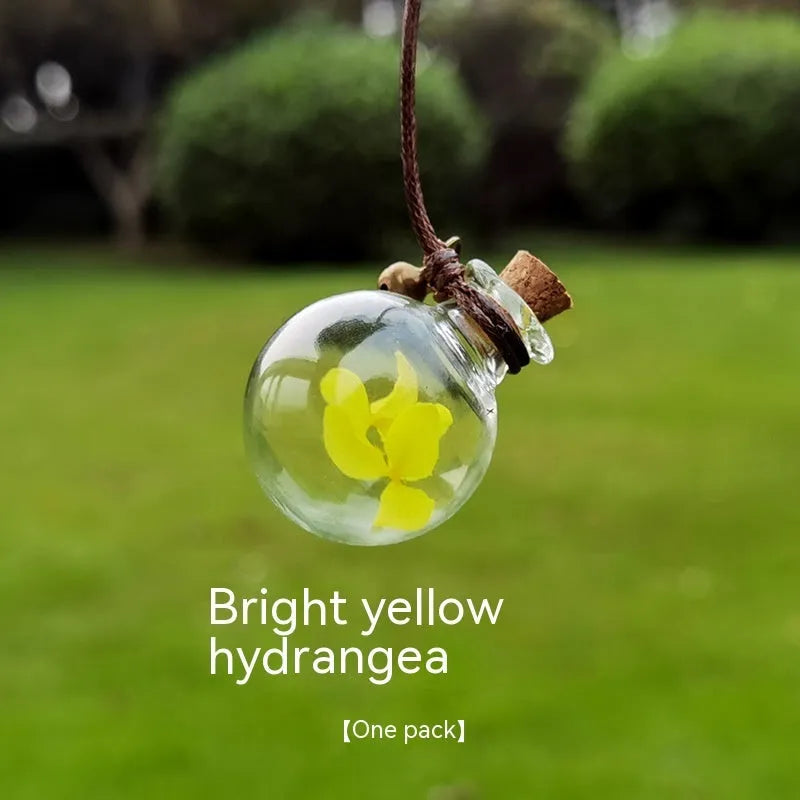 Glass fire extinguisher-shaped car perfume pendant with preserved flowers inside