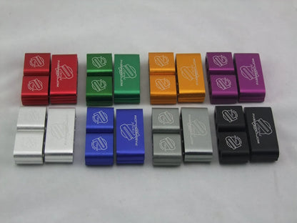 Three-piece metal car fastening clamp shown in six colour options: red, blue, silver, black, purple, gold.