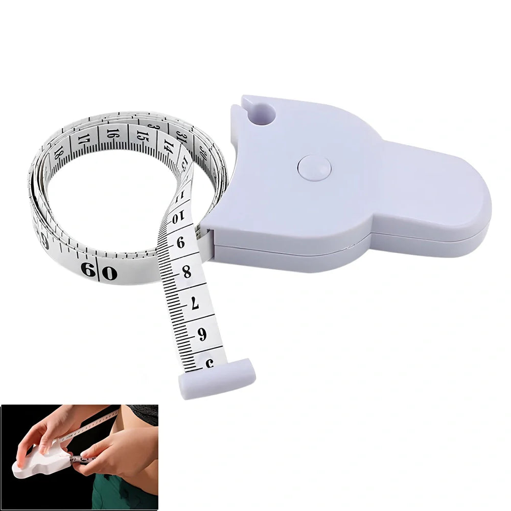 Automatic body measuring tape with 1.5m range showing dual metric and imperial measurement scales