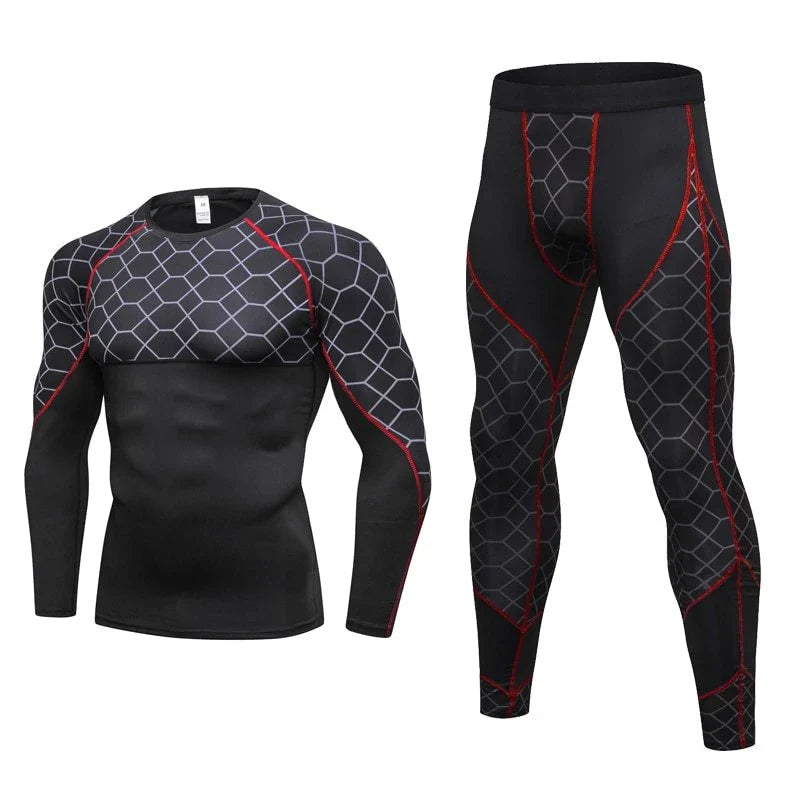 Men's compression athletic wear set with grid pattern, including long-sleeve top and fitted pants in various colors