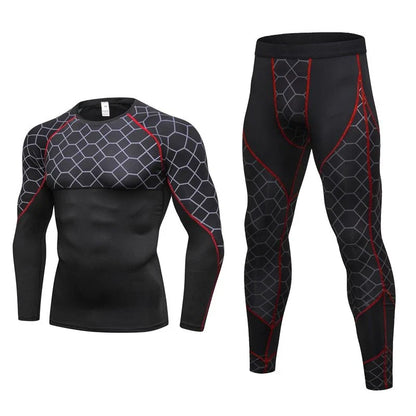 Men's compression athletic wear set with grid pattern, including long-sleeve top and fitted pants in various colors