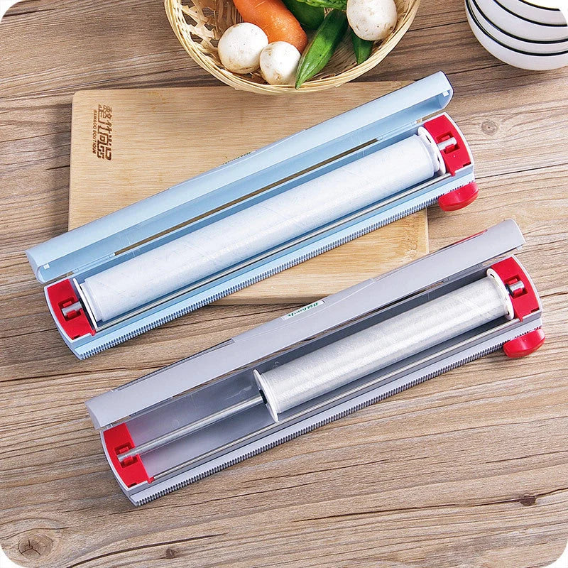 Household cling film cutter with stainless steel blade and ABS body for durable, precise food storage sealing