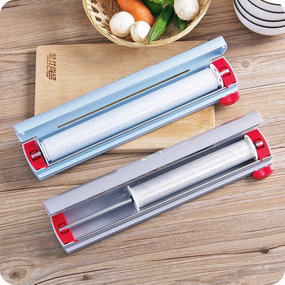 Household cling film cutter with stainless steel blade and ABS body for durable, precise food storage sealing