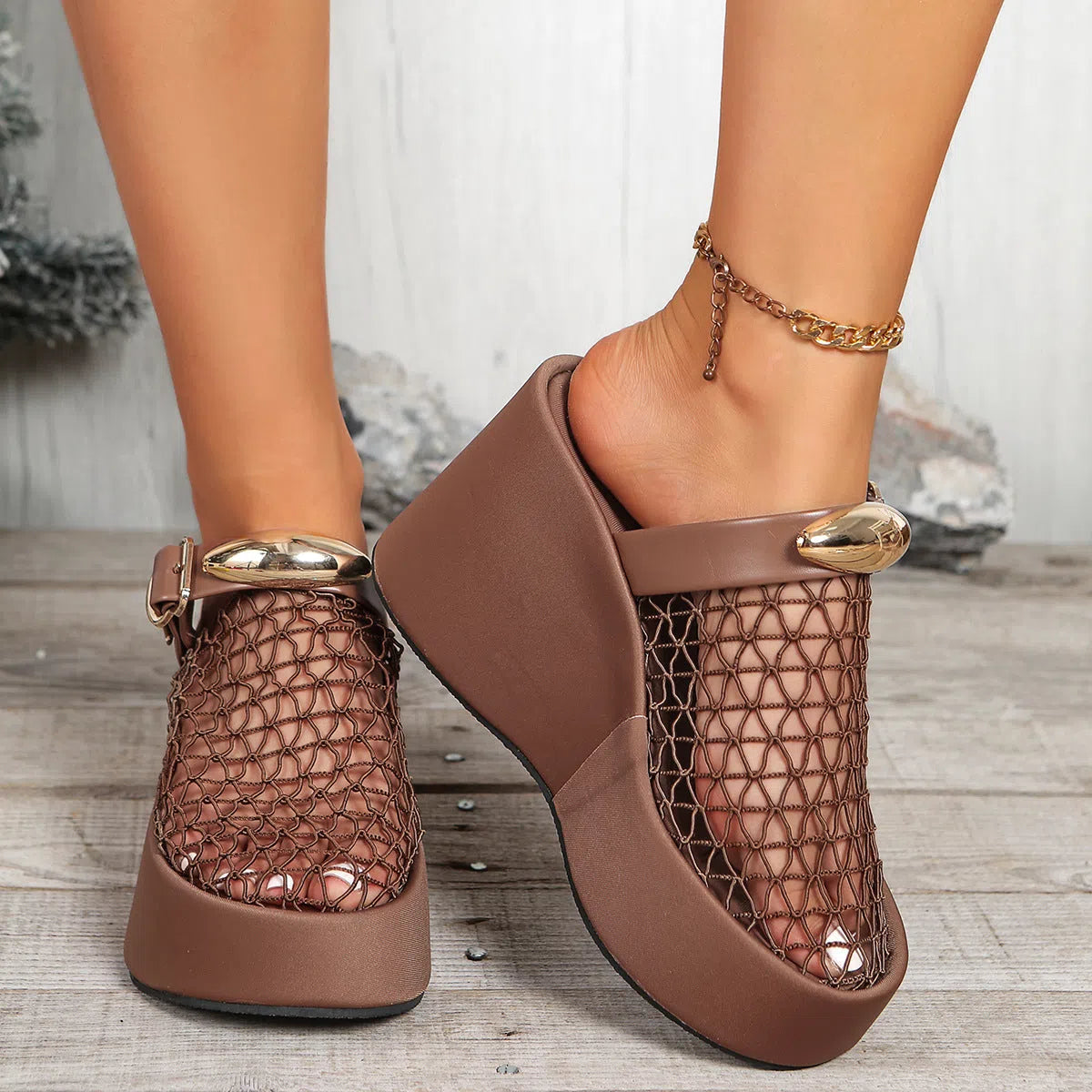Openwork mesh sandals with metal buckle, thick rubber sole and ultra high heel over 8cm, in black, red or brown