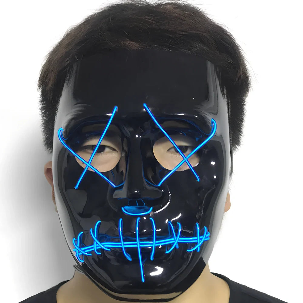 Halloween LED mask with voice control and multiple flash modes measuring 22cm by 18cm