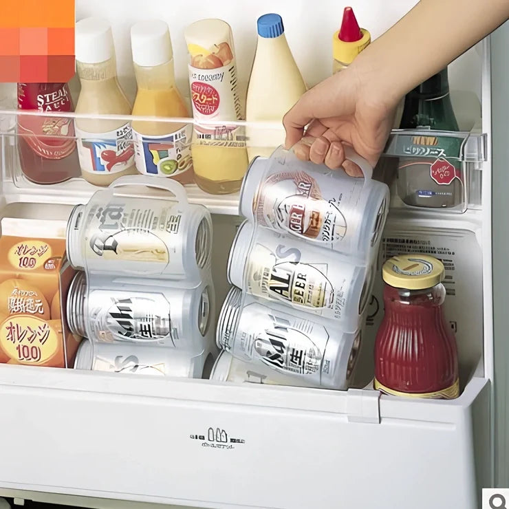 Transparent refrigerator storage box holding 6 beverage cans with dimensions 29.2cm long × 7.7cm wide × 10.8cm high