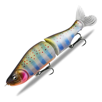 185mm hard plastic bass fishing swimming lure in assorted colours on a tackle box.
