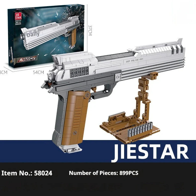 Children's toy gun model that launches small particle assembly technological blocks: 58024 style plastic building blocks with colour box packaging for creative construction play