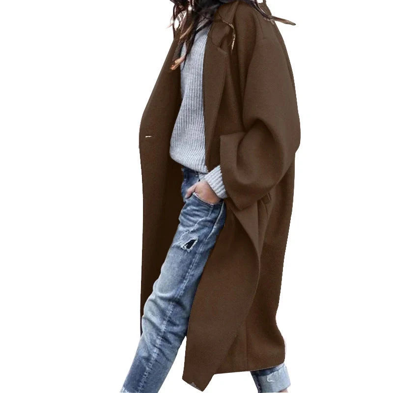 Women's solid color woolen coat with pockets for winter warmth