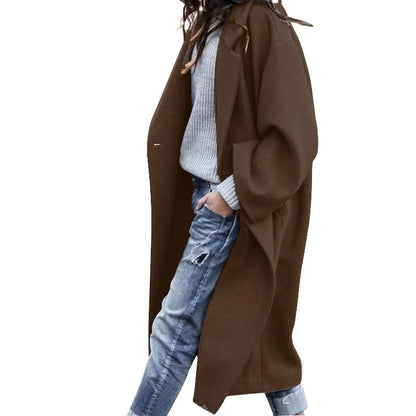 Women's solid color woolen coat with pockets for winter warmth