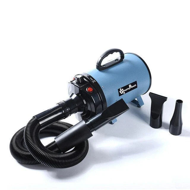 High-powered pet hair dryer with adjustable speed and temperature settings for quick and quiet drying of large dogs and cats