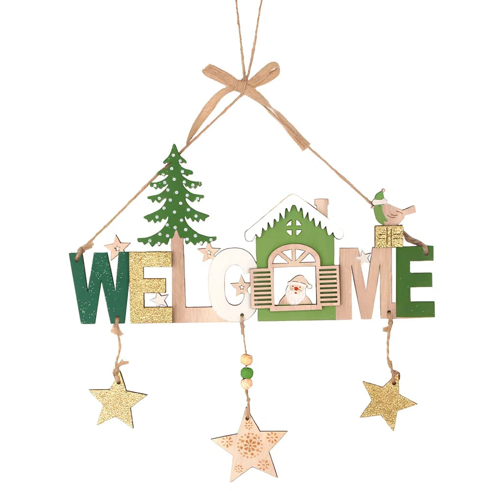 Wooden Christmas ornaments showing old man, snowman and elk designs with 43cm length