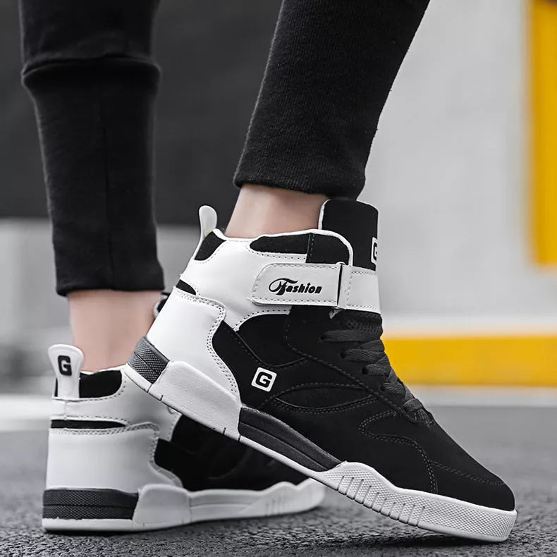 Men's high-top casual sneakers with Velcro closure in black and white colors