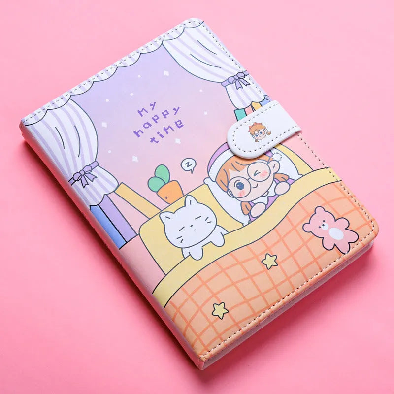 Small white Kaba Bear Hippo notebook with magnetic buckle, girl heart design, showing 224 pages and PU cover.