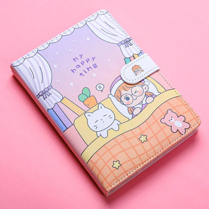 Small white Kaba Bear Hippo notebook with magnetic buckle, girl heart design, showing 224 pages and PU cover.
