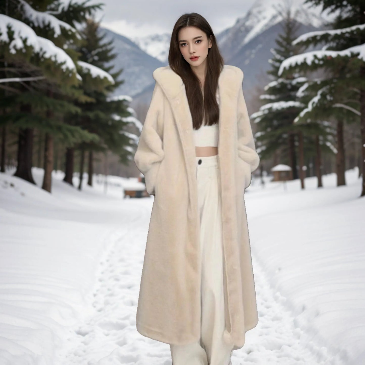 Brown leopard print faux fur coat with regular sleeves, 100cm length, plus size outerwear