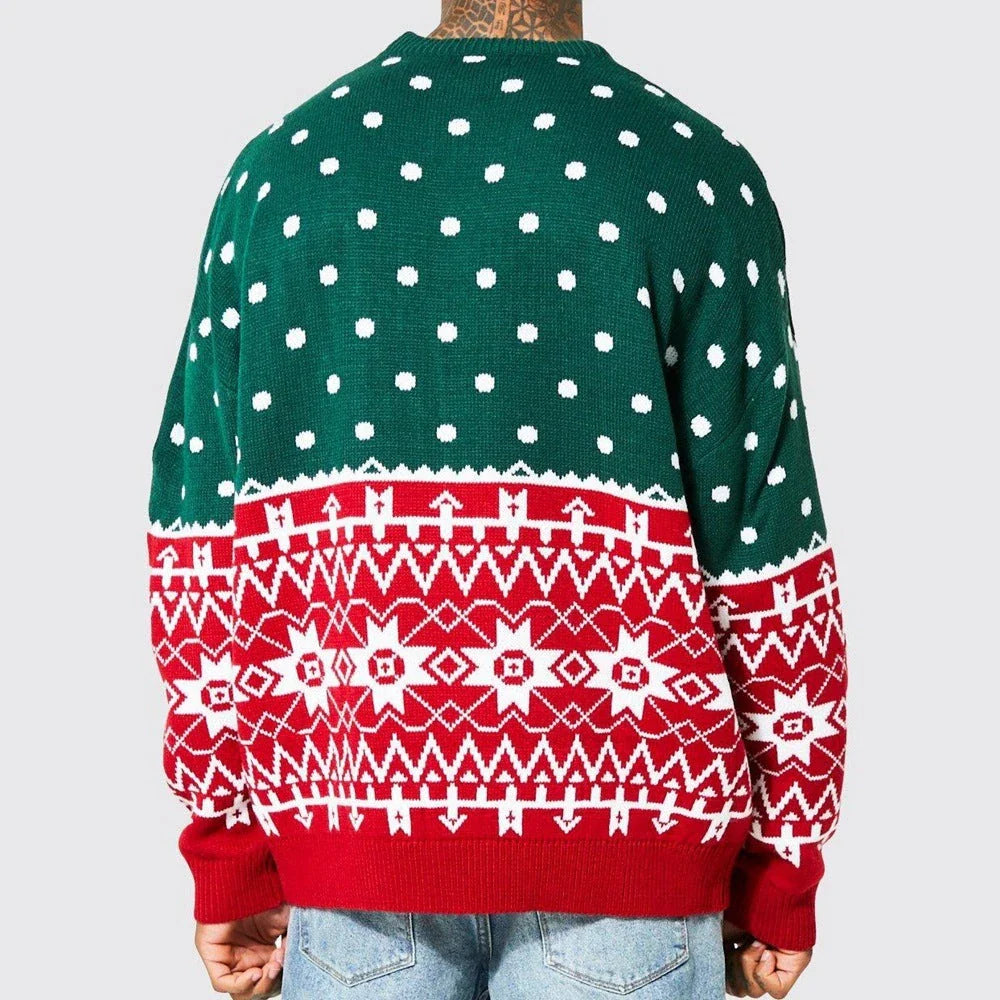 Men's knitted pullover sweater with jacquard pattern in green and white colors