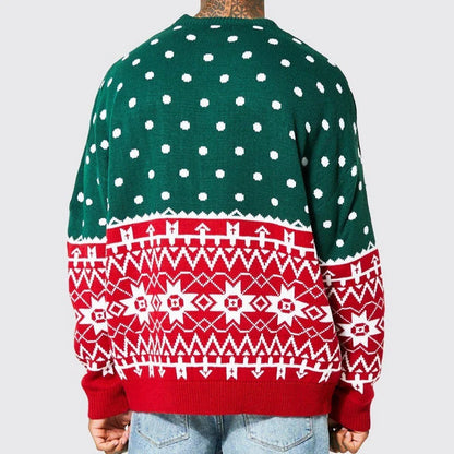 Men's knitted pullover sweater with jacquard pattern in green and white colors