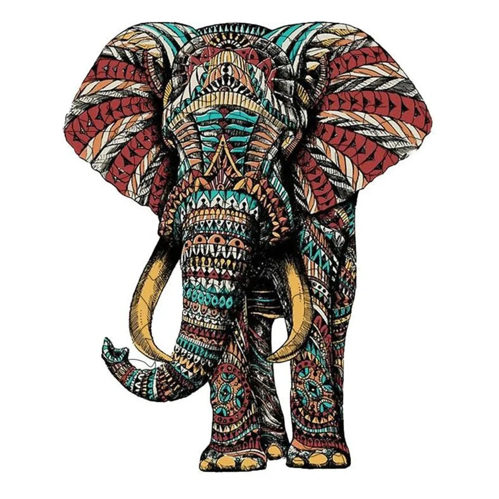 Wooden jigsaw puzzle with colourful elephant and turtle shaped pieces in A3, A4, A5 sizes