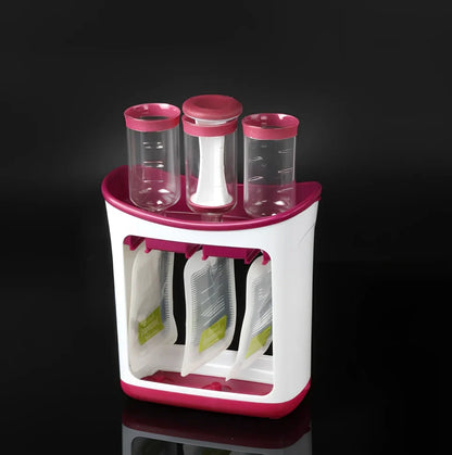 Baby food squeeze station pressing puree into 4-ounce pouch with ABS construction measuring 18x9x22cm