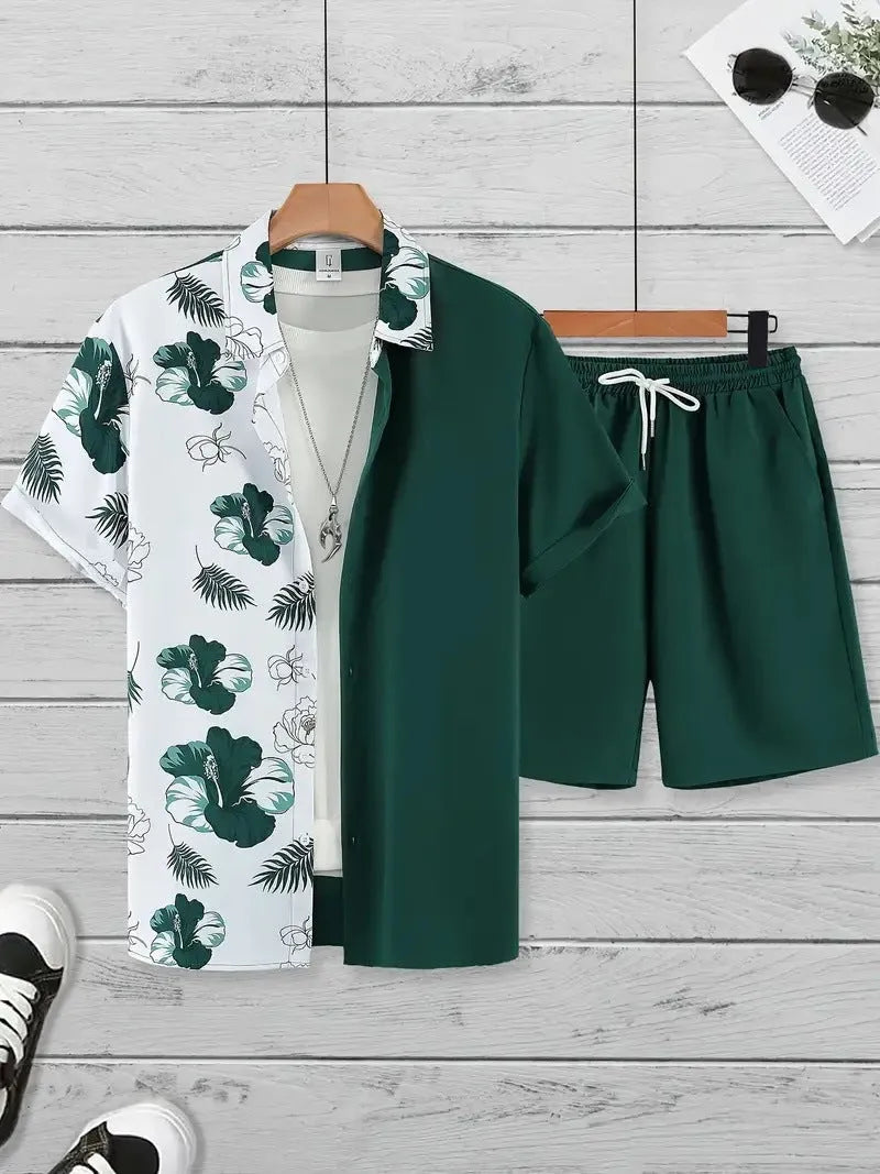 Men's Hawaii 3D printed short sleeve suit with textured patterns on polyester fabric
