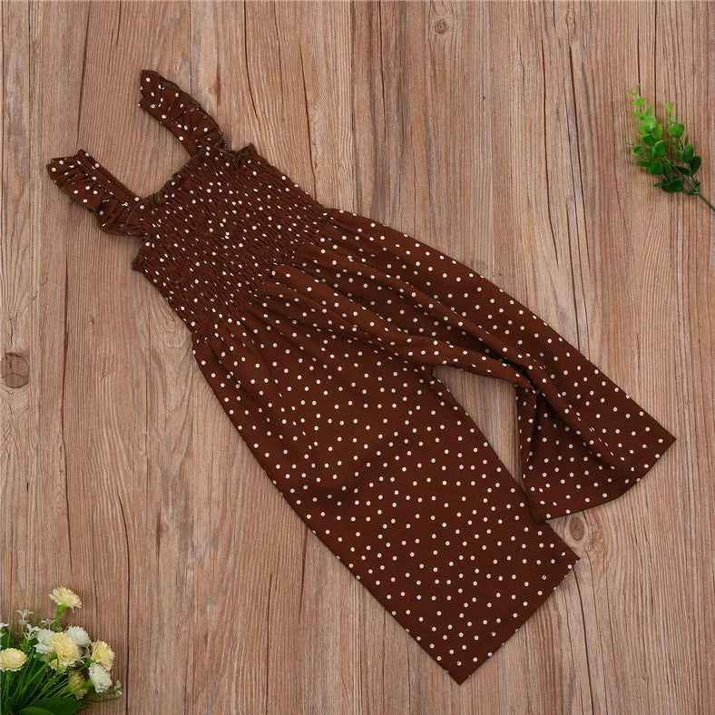 Brown polka dot sleeveless jumpsuit on child, showing non-hooded design and thin fabric suitable for heights 90-130cm