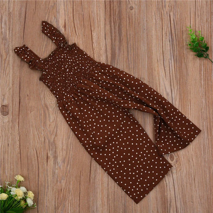 Brown polka dot sleeveless jumpsuit on child, showing non-hooded design and thin fabric suitable for heights 90-130cm