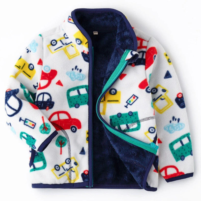 Thick fur printed coats with front zipper for children aged 3-8 years, providing warmth with 100% polyester fabric and sizes from 90cm to 160cm for growing kids