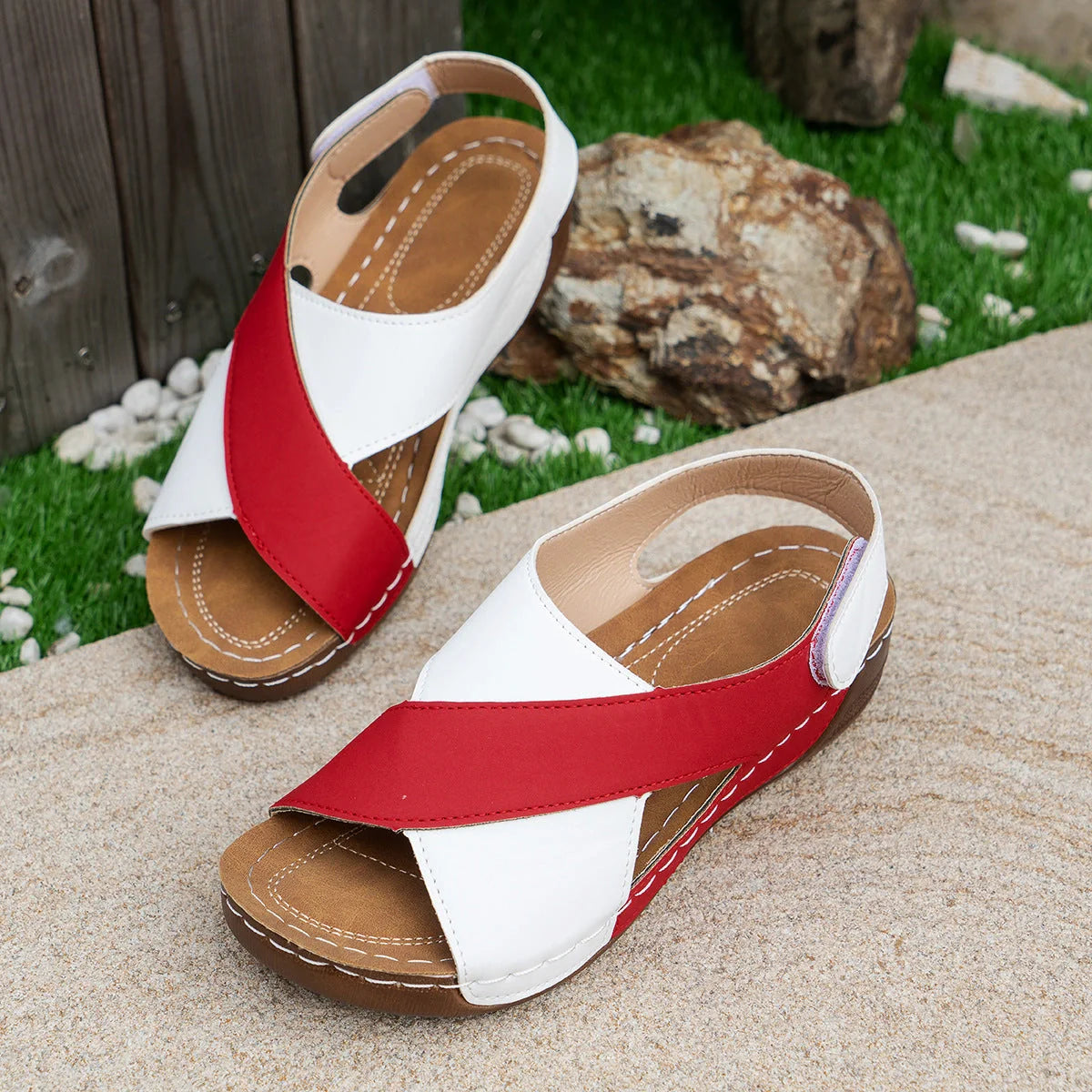 Women's summer wedges sandals with colorblock cross-strap design and thick rubber sole