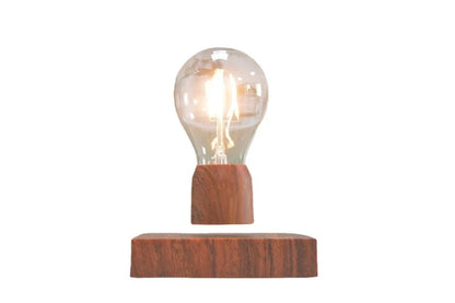 Magnetic levitation bulb floating above imitation wood base with international plug options