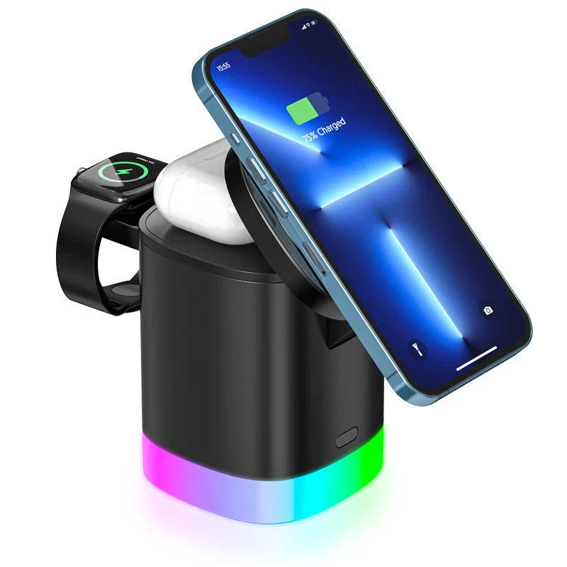 3-in-1 magnetic wireless charging station with RGB lighting for smartphones, smartwatches, and wireless earbuds